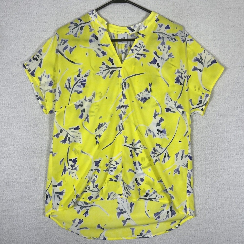 Cabi Floral Print Short Sleeve Top Womens Medium Hi-Low V-Neck Bright Bold